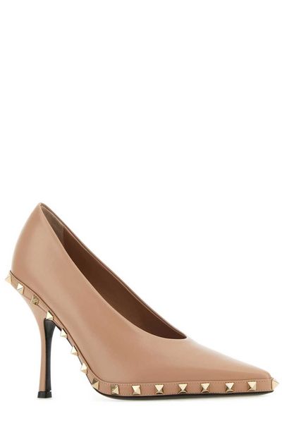 VALENTINO Feminine Luxe: Pointed Toe Pumps in Beige with Raffia and Pyramid Stud Accents