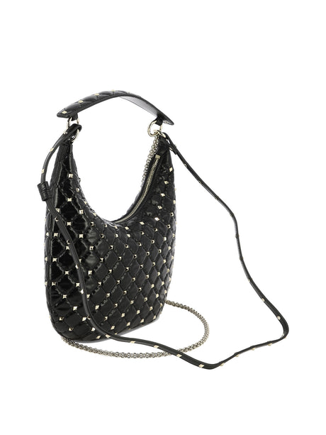 VALENTINO GARAVANI Rockstud Spike Small Black Leather Shoulder Bag with Diamond Quilting and Platinum Hardware