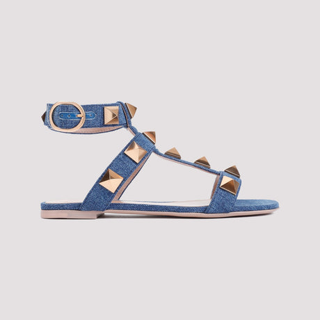 VALENTINO GARAVANI Blue Cotton Sandals with Stud Accents for Women, SS24 Collection