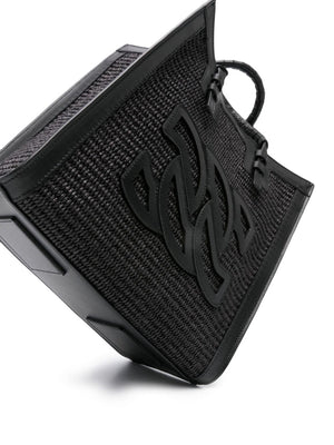 CASADEI Mini BeaRiva Black Leather and Raffia Tote with Detachable Strap and Silver-Tone Accents