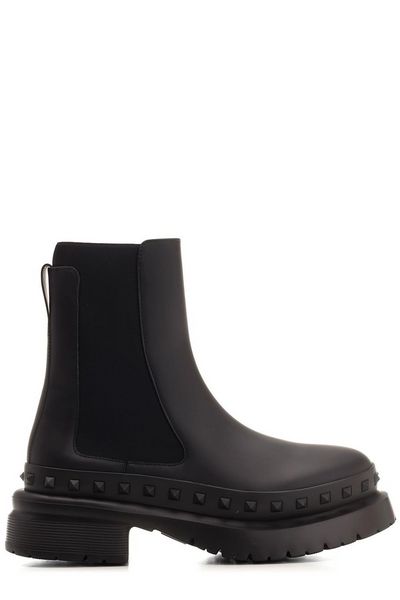 VALENTINO Men's Black Leather Rockstud Chelsea Boots for FW23