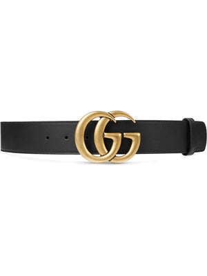 GUCCI Genuine Leather Buckle Belt for Women - Aged Gold-Tone Metal Buckle, Black