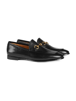 GUCCI Jet Black Leather Loafers with Gold-Tone Hardware and Signature Horsebit Detail