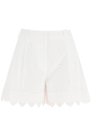 SIMONE ROCHA White Embroidered Cotton Shorts for Women - Scallop Trim, High-Waisted, Pockets, Zipper