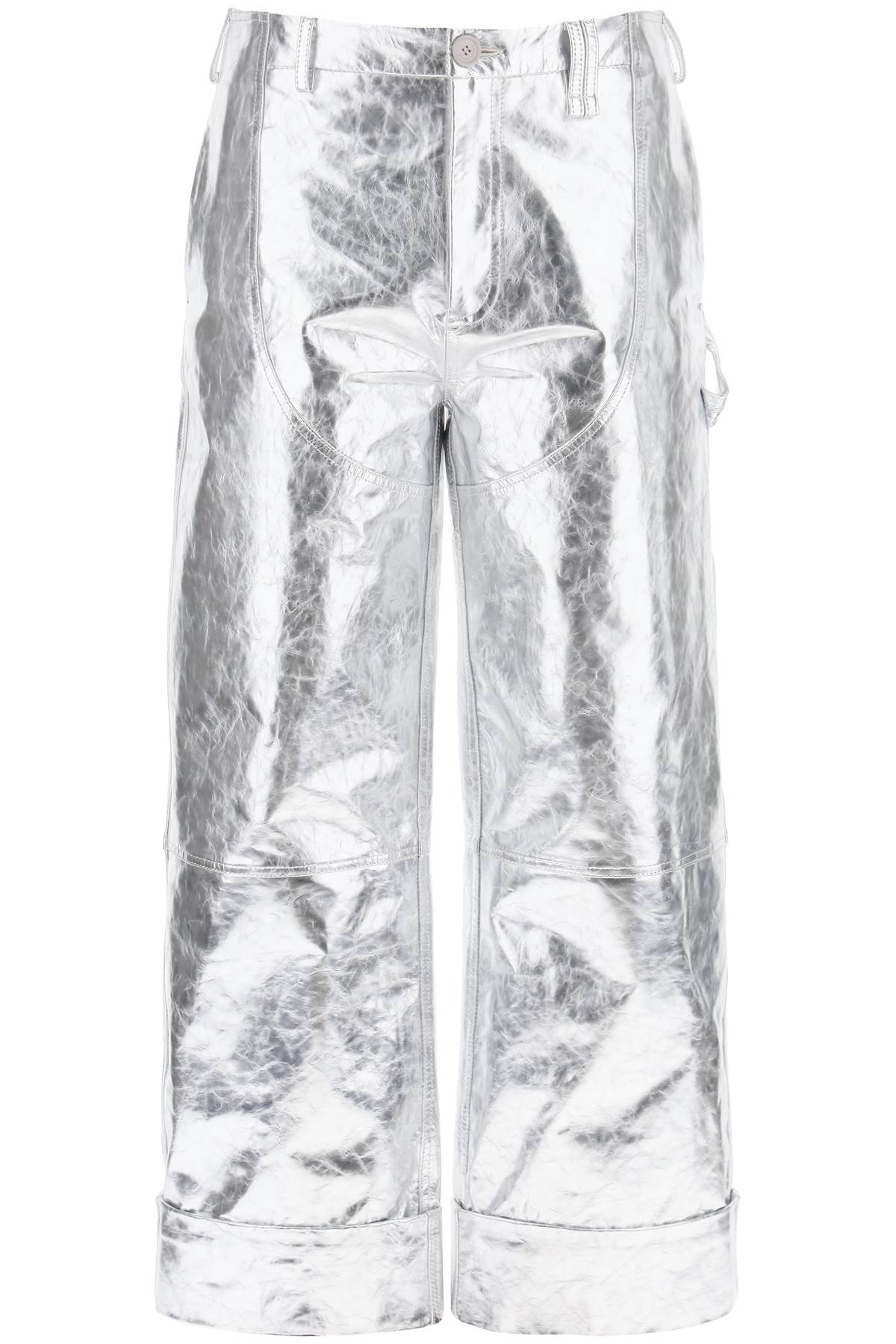 SIMONE ROCHA Men's Silver Laminated Leather Pants with Wide Cropped Hem