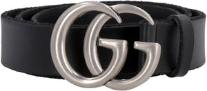 GUCCI Stylish Men's Black Leather Belt with Antiqued Silver-Tone Double G Buckle