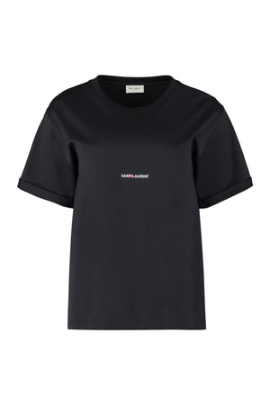 SAINT LAURENT Women's Black Cotton T-Shirt with Front Logo Print and Cuffed Sleeves