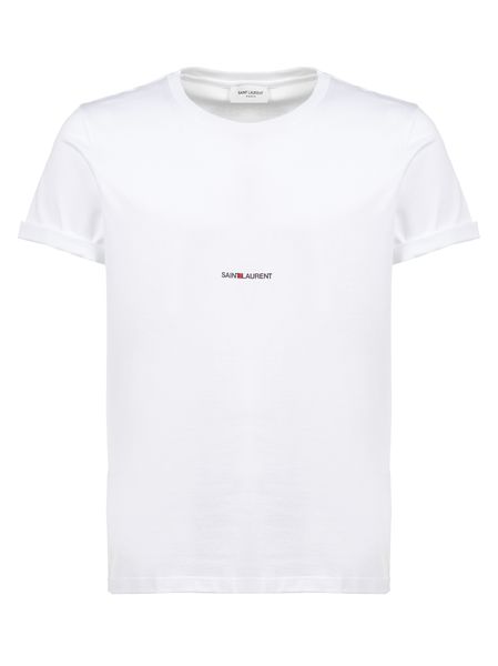 SAINT LAURENT Optic White Cotton T-Shirt for Men with Printed Brand Logo on Chest