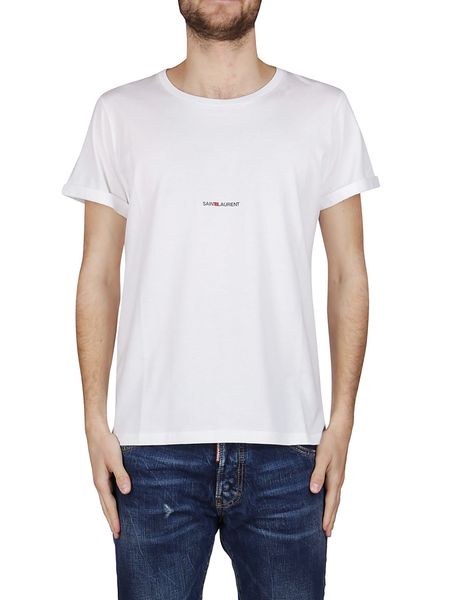 SAINT LAURENT Men's White Logo Print Cotton T-Shirt with Cuffed Sleeves