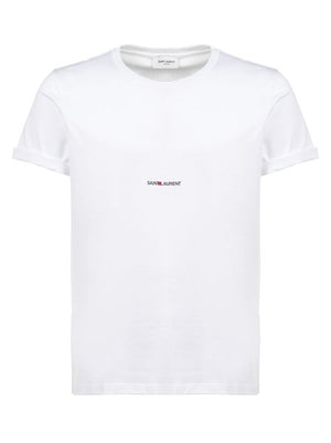 SAINT LAURENT Men's White Logo Print Cotton T-Shirt with Cuffed Sleeves