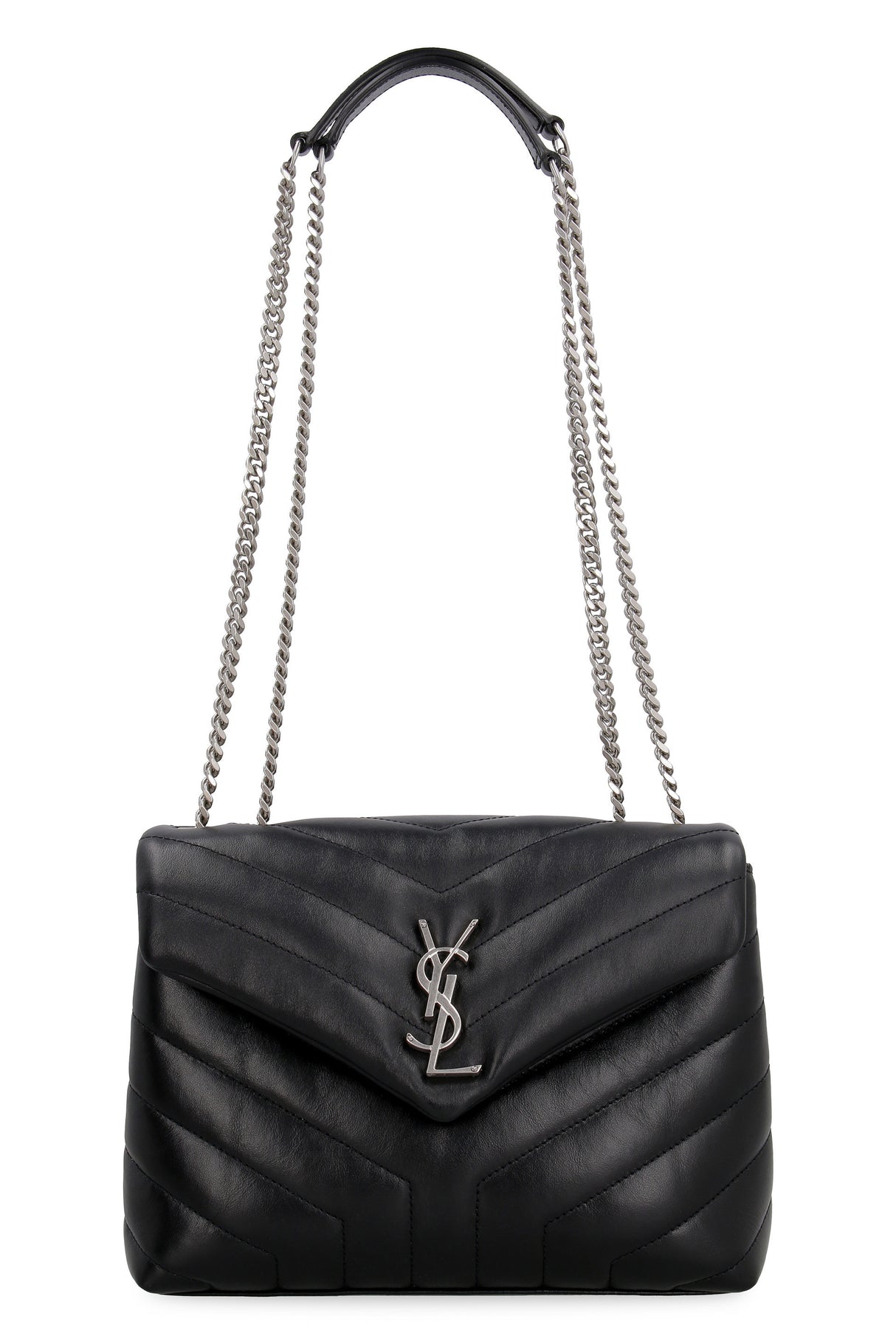 SAINT LAURENT "Black Quilted Mini Loulou Shoulder Bag with Silver Chain Strap