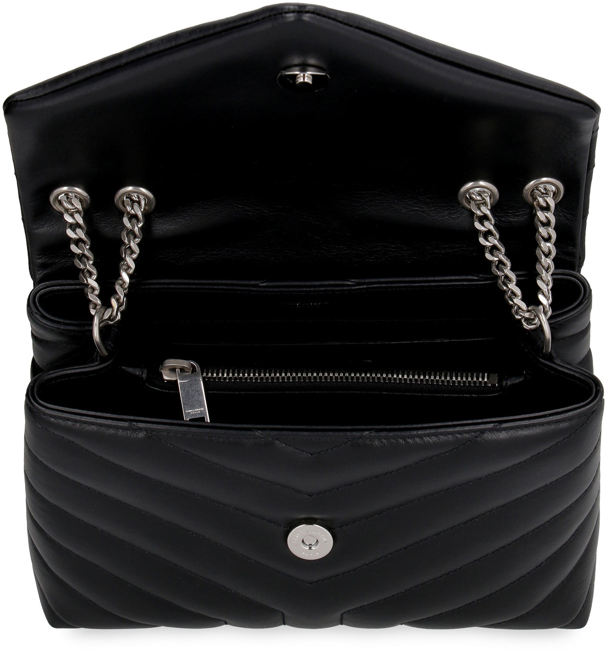 SAINT LAURENT "Black Quilted Mini Loulou Shoulder Bag with Silver Chain Strap