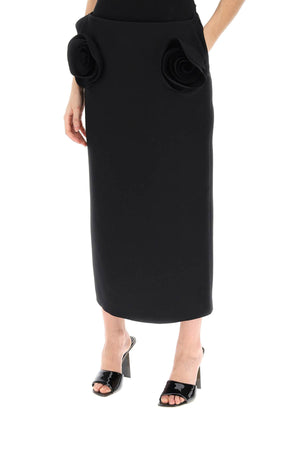 VALENTINO GARAVANI Elegant Black Crepe Couture Pencil Skirt with 3D Rose Appliqués