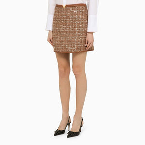 VALENTINO Elegant Gold Detail Mini Skirt in Brown Tweed