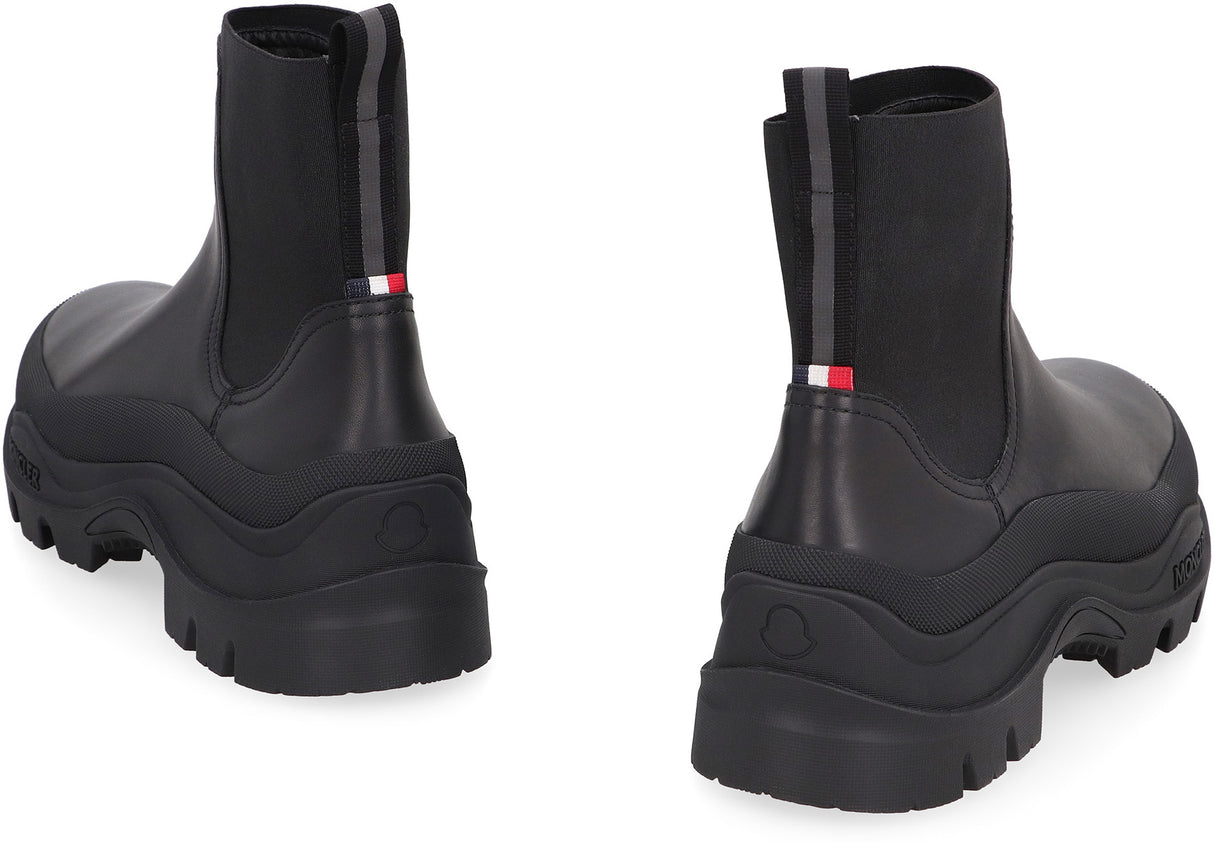 MONCLER Men's Black Leather Chelsea Boots with Embossed Logo and Tricolor Detail