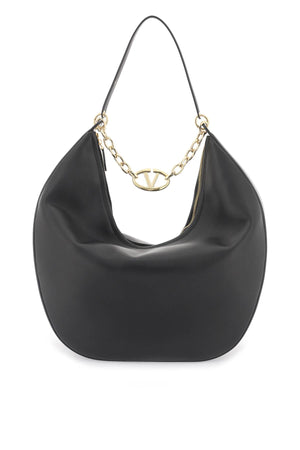 VALENTINO GARAVANI Maxi VLogo Moon Leather Hobo Handbag with Chain Handle and Gold Accents - Black