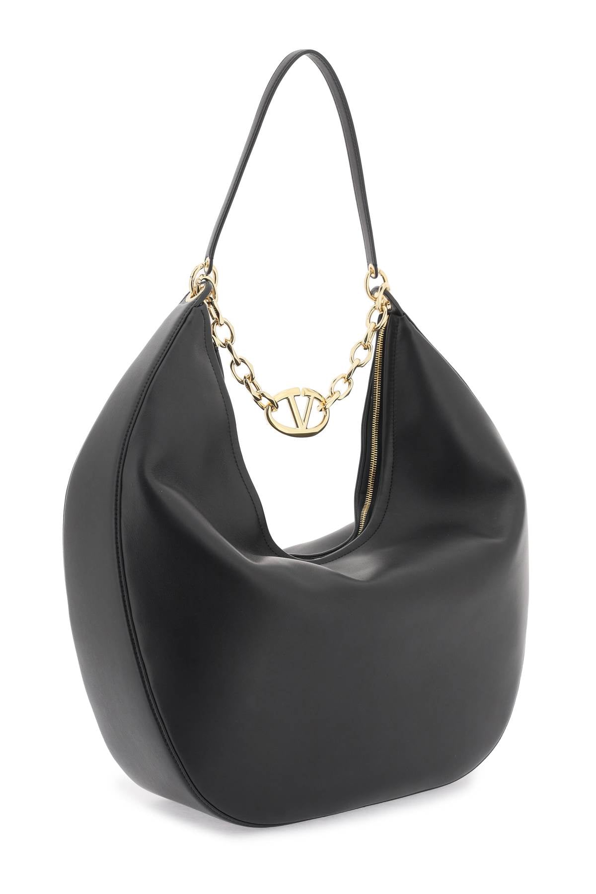 VALENTINO GARAVANI Maxi VLogo Moon Leather Hobo Handbag with Chain Handle and Gold Accents - Black