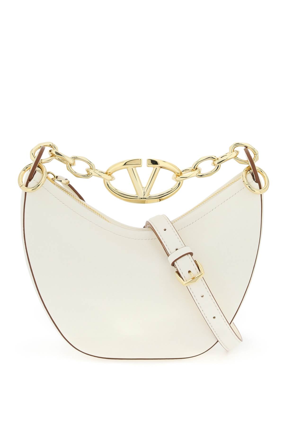 VALENTINO GARAVANI Mini VLogo Moon Nappa Leather Hobo Handbag with Chain Handle - White