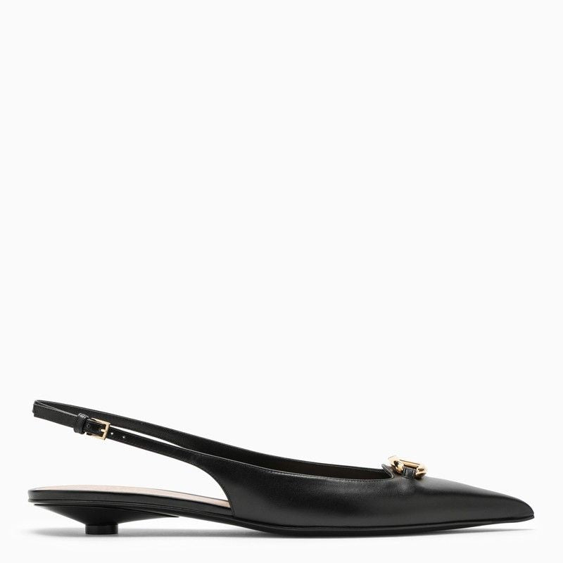 VALENTINO GARAVANI Slingback Ballerina - Black Leather Shoes with VLogo Detailing & Oval Heel