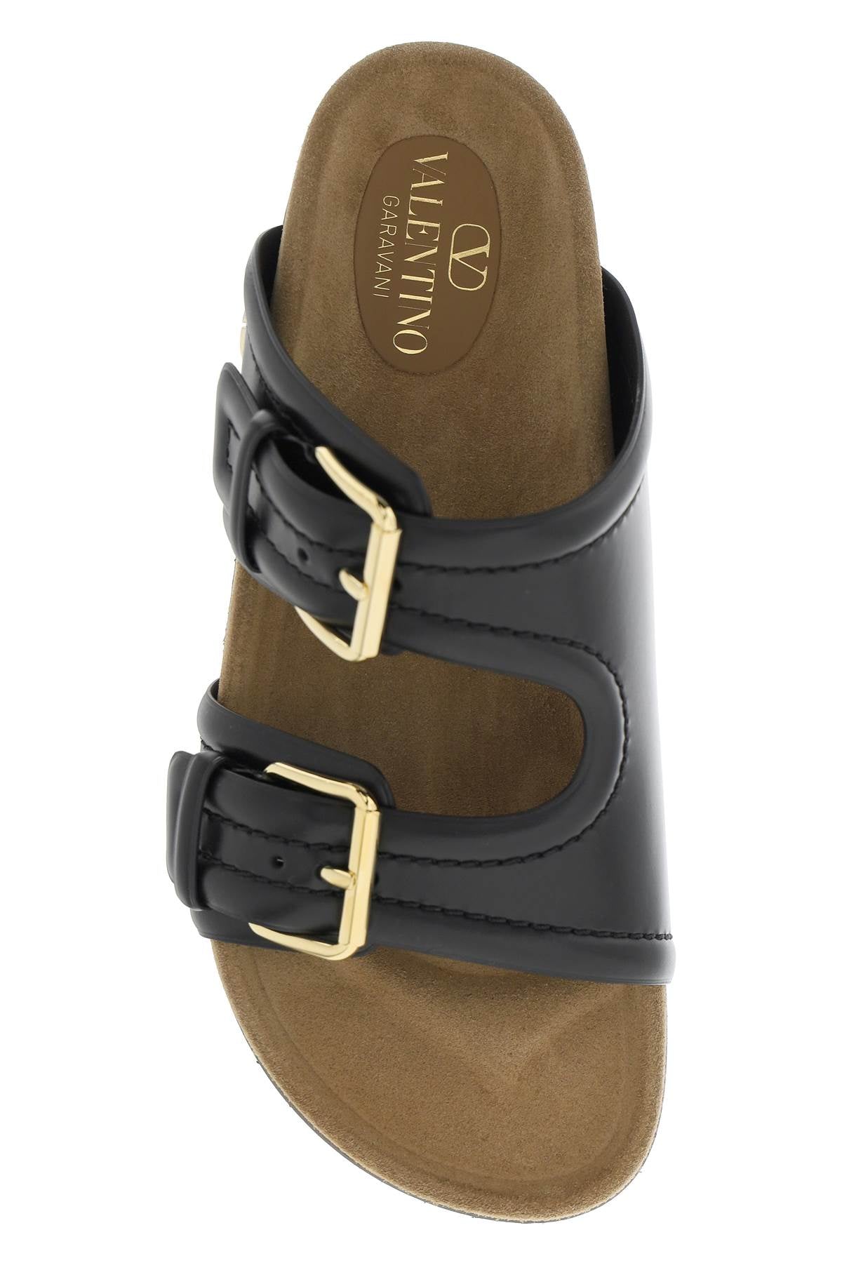 VALENTINO GARAVANI Ivory-toned Calfskin Footbed Slide with Gold-tone Logo Detail