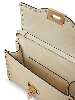 VALENTINO GARAVANI Rockstud Ivory White Leather Mini Shoulder Bag with Adjustable Strap and Clip-Lock Closure