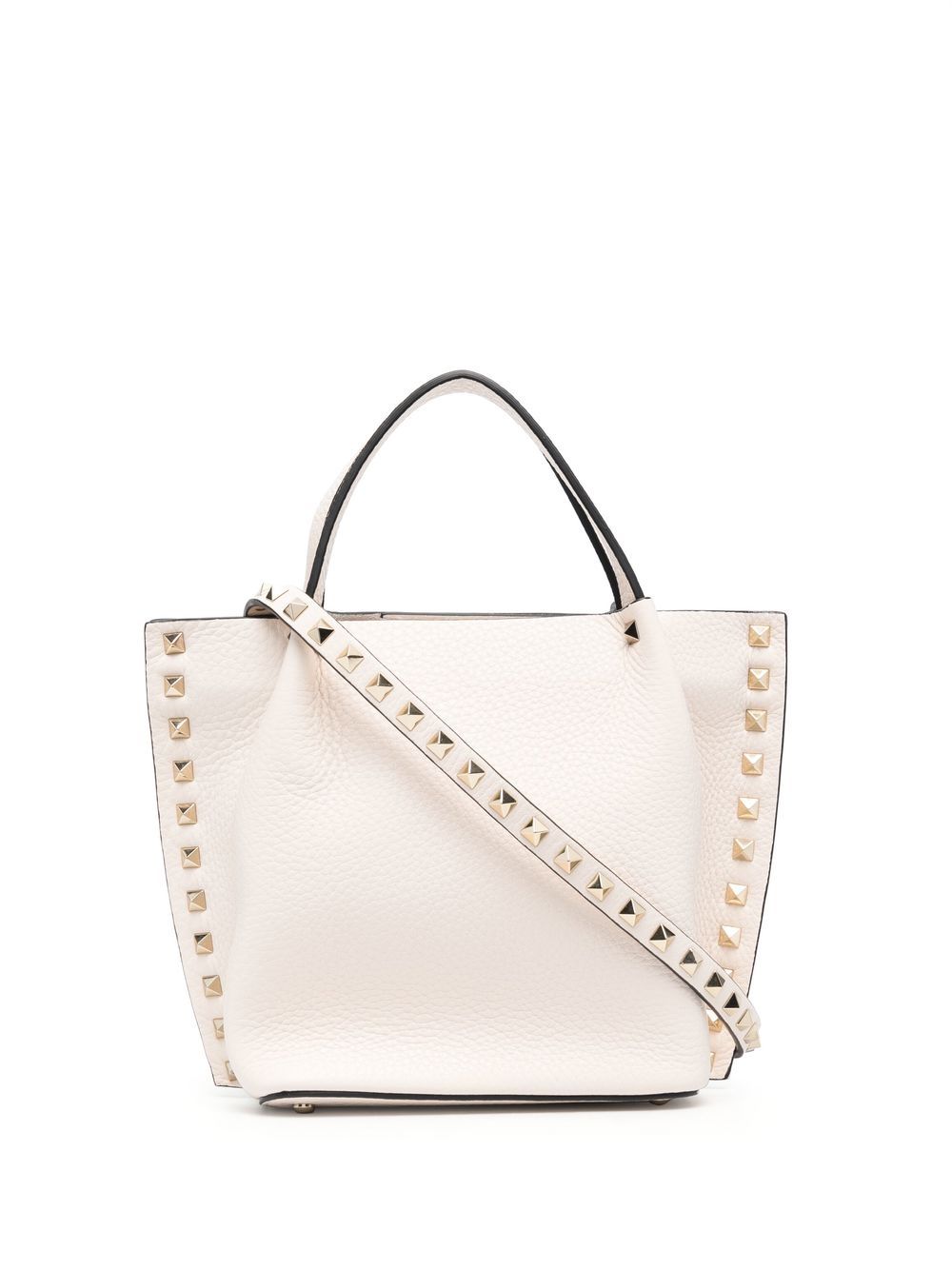 VALENTINO GARAVANI Rockstud Small White Leather Tote Handbag with Gold-Tone Hardware and Adjustable Strap for Women