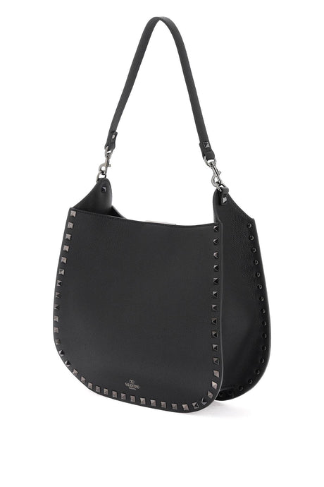 VALENTINO GARAVANI Black Grained Leather Hobo Handbag with Tonal Studs for Women