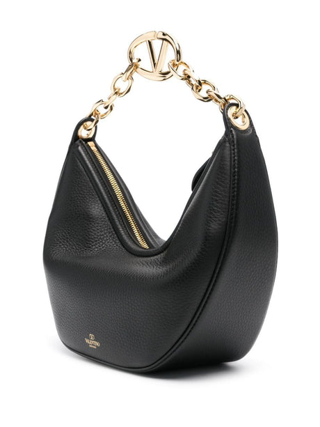 VALENTINO GARAVANI Chic Black Grained Calfskin Mini Hobo Bag with Gold-Tone Chain and VLogo Detail, 29x23x11 cm