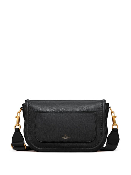 VALENTINO GARAVANI Luxurious Grained Leather Shoulder Handbag with Iconic Vlogo Signature - Black