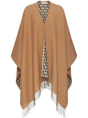 VALENTINO Asymmetrical Wool Poncho with Fringed Edge