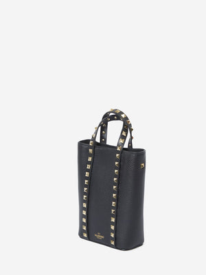 VALENTINO GARAVANI Black Grained Calfskin Rockstud Chain Pouch Handbag