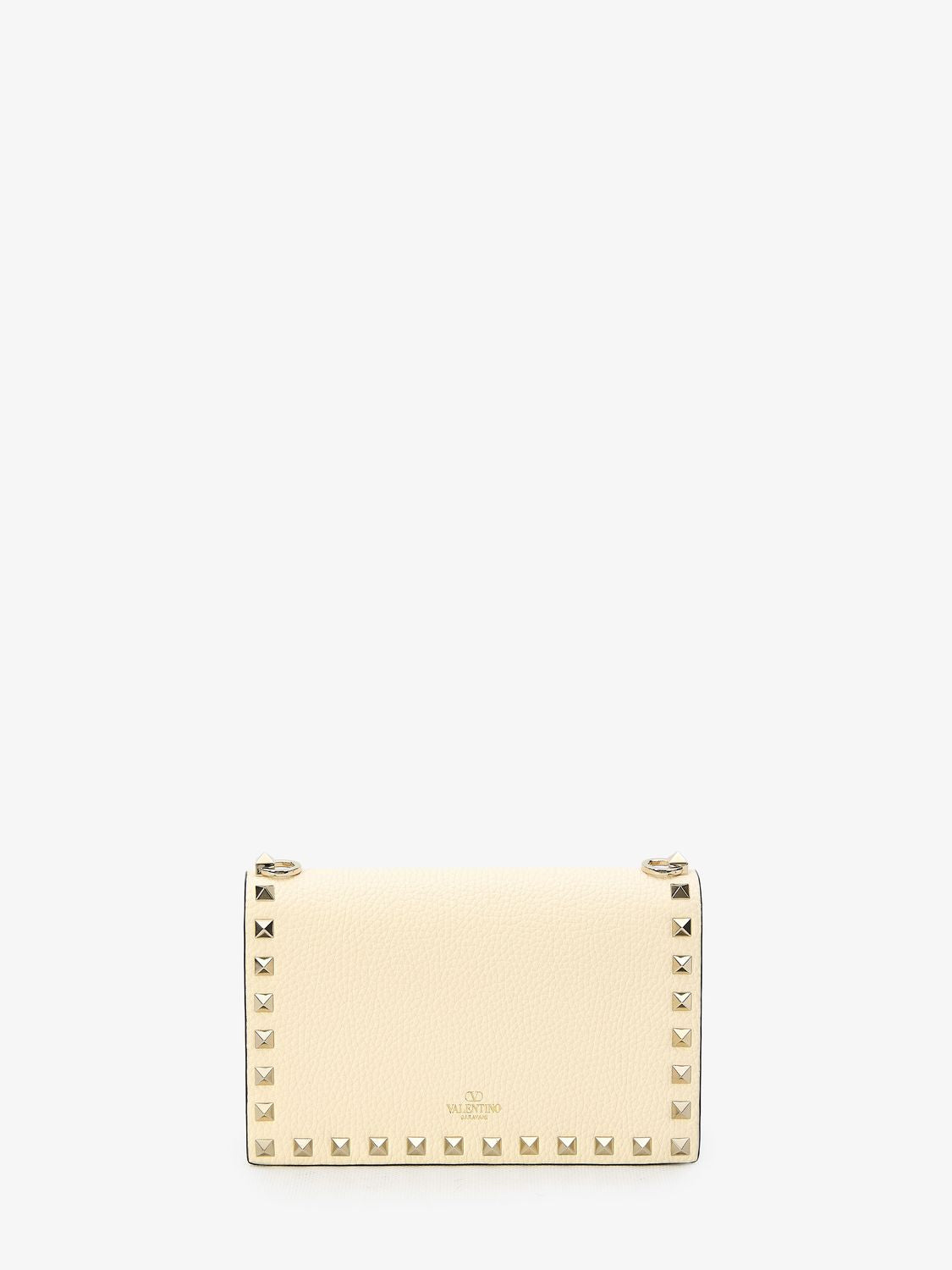 VALENTINO GARAVANI Chic Small Rockstud Cream Grained Leather Handbag with Platinum Studs and Chain Strap 19x4.5x12 cm
