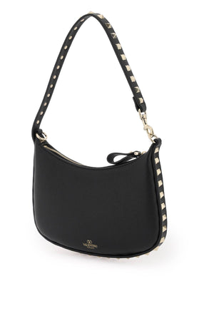 VALENTINO GARAVANI Mini Rockstud Hobo Handbag in Black Grained Leather with Platinum Studs - 20x12.5x1.5 cm