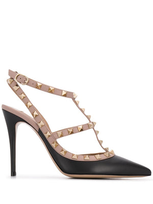 Giày Búp Bê Slingback Da Rockstud - Đen/Beige