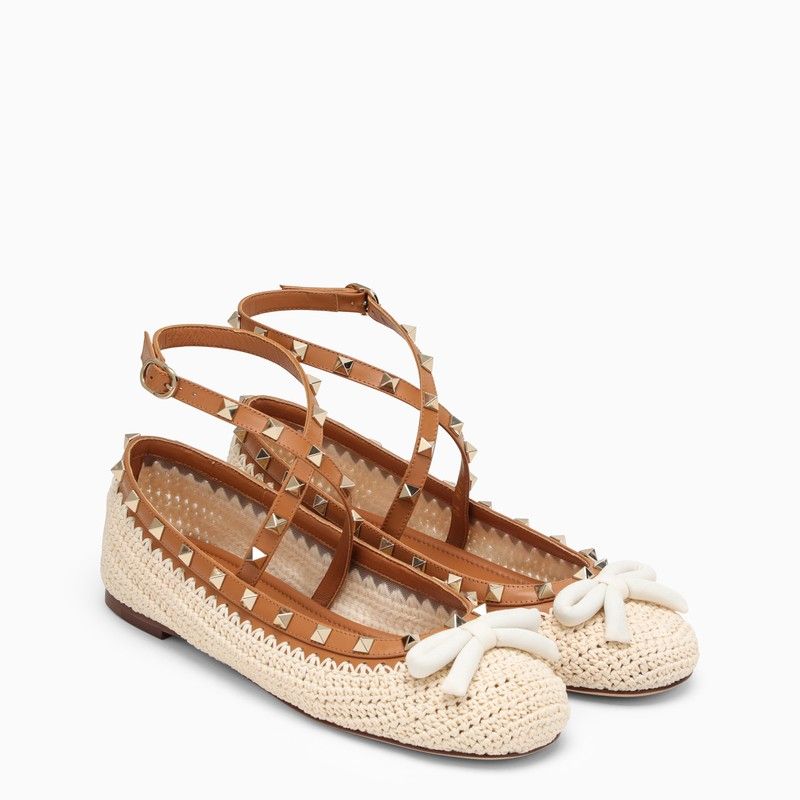 VALENTINO GARAVANI Beige Raffia and Leather Ballerina - SS24 Collection