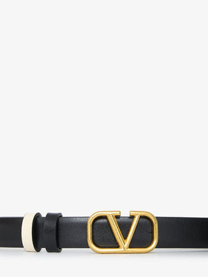 VALENTINO GARAVANI Black and White Reversible Leather Belt with Gold Vlogo Signature Buckle for Women