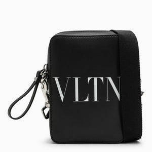 VALENTINO GARAVANI Mini Black Leather Crossbody Messenger Bag for Men with Silver-Tone Hardware & Removable Strap