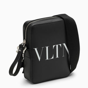 VALENTINO GARAVANI Mini Black Leather Crossbody Messenger Bag for Men with Silver-Tone Hardware & Removable Strap