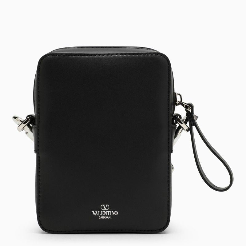 VALENTINO GARAVANI Mini Black Leather Crossbody Messenger Bag for Men with Silver-Tone Hardware & Removable Strap