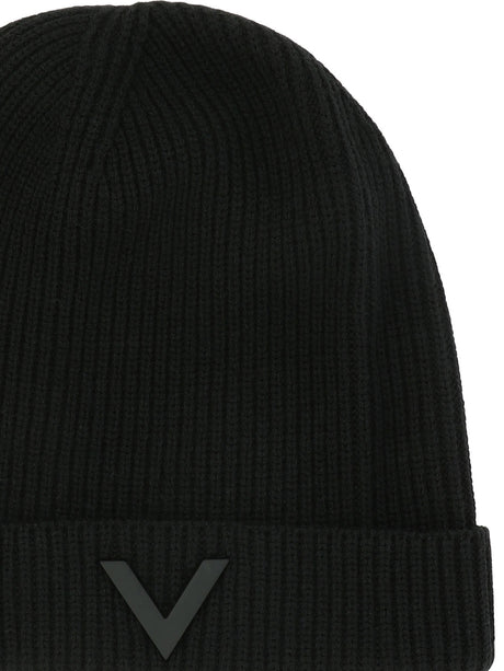 VALENTINO GARAVANI Classic Black Ribbed Beanie with Metal V Application for Men