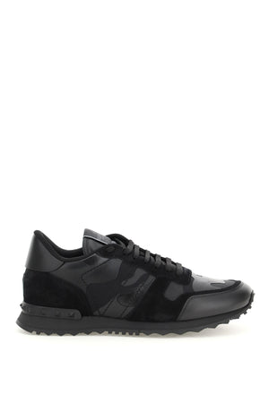 VALENTINO GARAVANI CAMOUFLAGE LEATHER SUEDE KNIT SNEAKERS WITH RUBBER STUDS