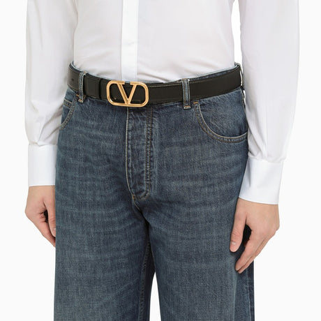 VALENTINO GARAVANI Black Leather Belt with VLogo Detail for Men's Fashion