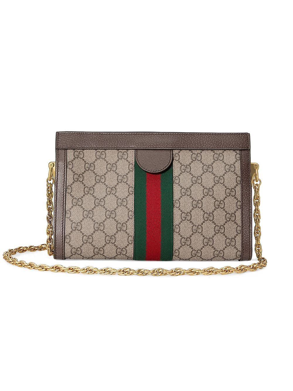 GUCCI Mini Ophidia GG Supreme Canvas Shoulder Bag in Tan with Chain Strap and Iconic Web Detail 26x17.5x8cm