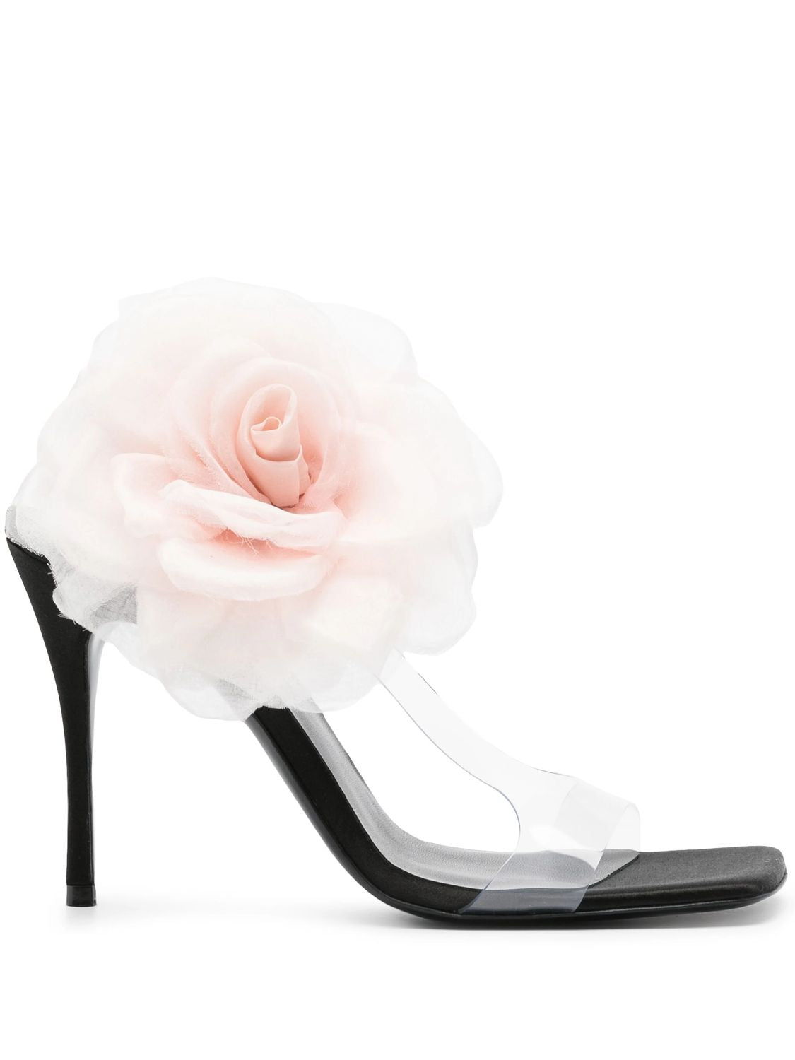 MAGDA BUTRYM Black Floral-Appliqué Sandals with 105mm Stiletto Heel - SS24 Collection