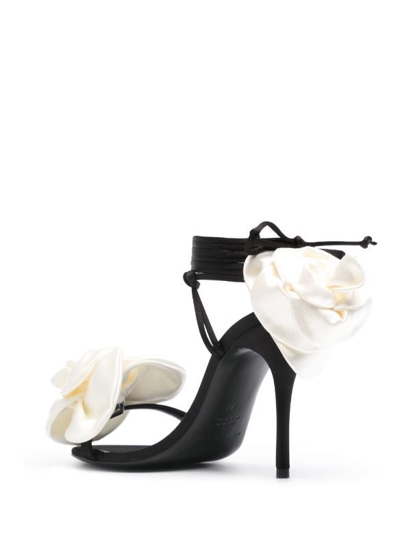 Black Floral Appliqué Satin Wraparound Sandals