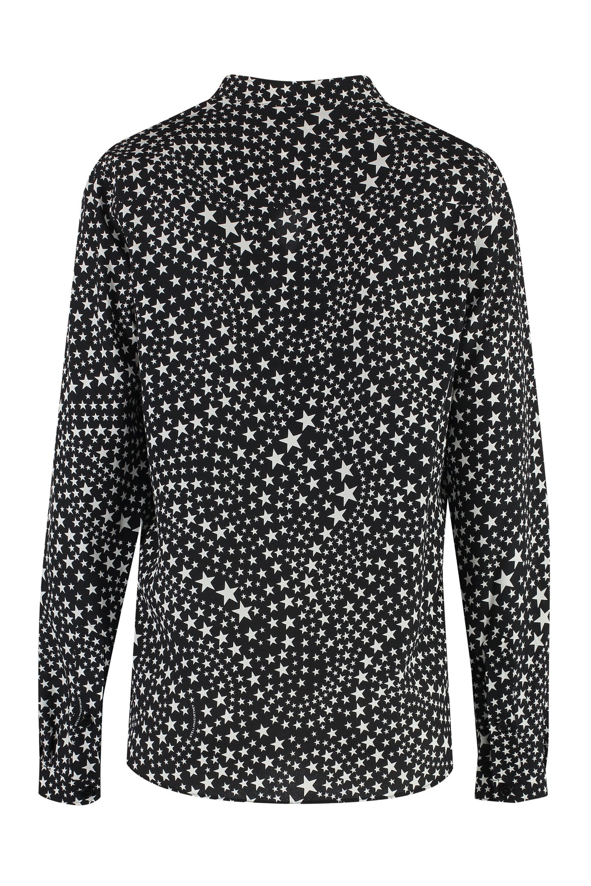 STELLA MCCARTNEY Black Printed Silk Shirt with Mandarin Collar and Asymmetric Hem for Women