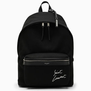 SAINT LAURENT Black City Backpack with Embroidered and Leather Trim for Men