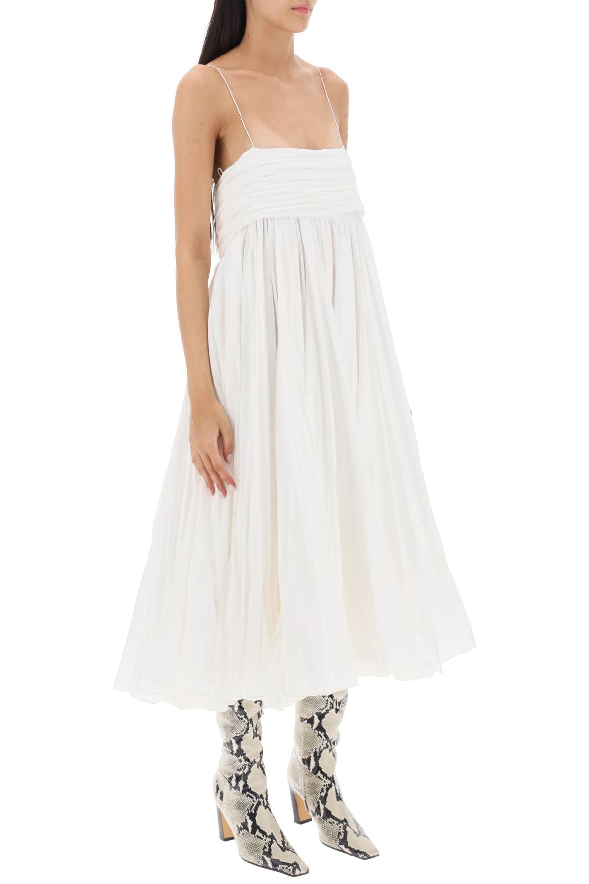 Váy Cotton Midi Trắng cho Nữ - Đường viền trang trí đai chùng, áo bandeau rủ và dây mỏng