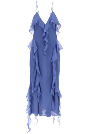 KHAITE Blue Silk Georgette Ruffled Maxi Dress for Women