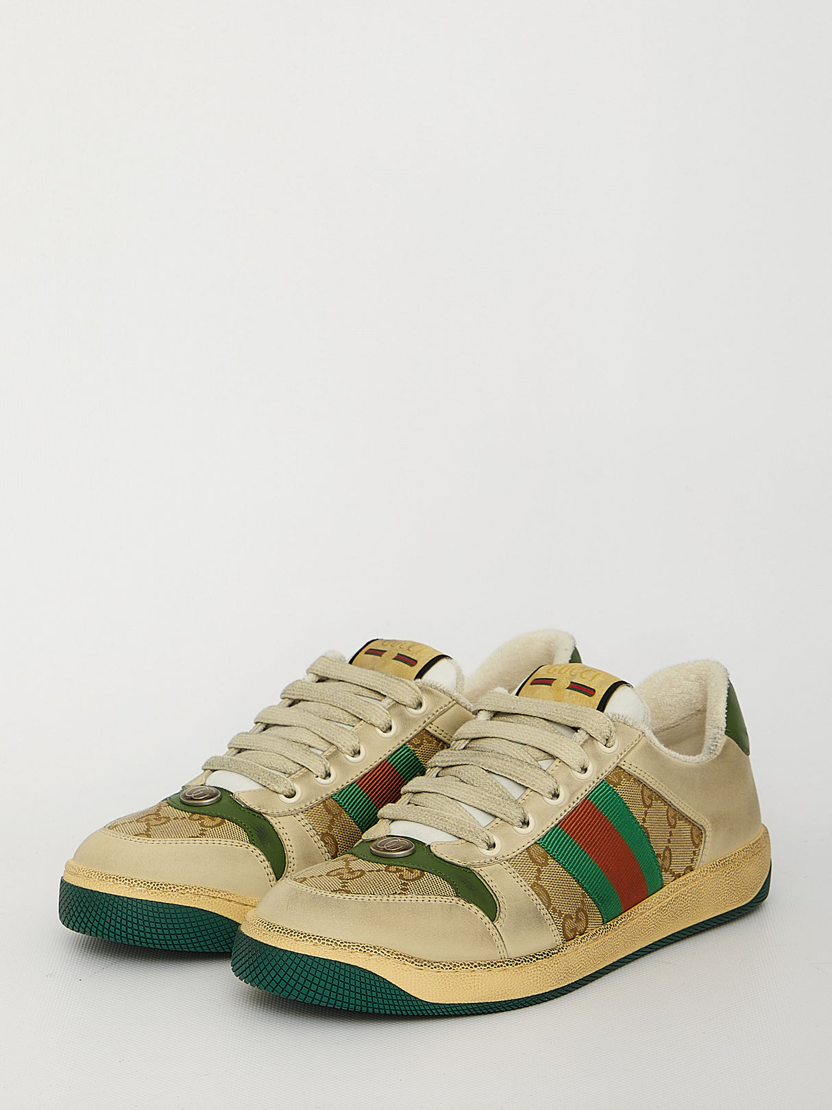 GUCCI Vintage Effect White Leather and Canvas Sneakers with Green and Orange Details for Men